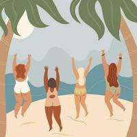 Hola verano, contento mujer en el playa, vector ilustración