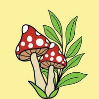 a cute little family of mushrooms with leaf vectors on yellow background