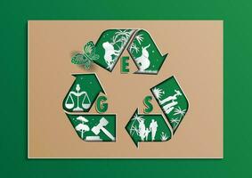 ESG recycle Vector illustration With nature, animals and people as elements in Brown paper on the green background, environmental social governance Paper cut art out style concepts.