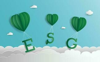 ESG word The green balloon floated on the clouds with the sky background Vector illustration, environmental social governance Paper cut art out style concepts.