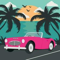 Vintage car on sunset with palm silhouette. Summer vacation vector illustration for flyer, poster, t-shirt design.