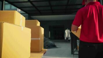 un entrega hombre vistiendo un rojo camisa agarra un paquete o empaquetar caja fuera de un camioneta video