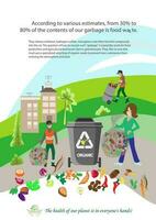 People sorting garbage. Men and women separate waste and throwing trash into recycling bins. Ecology Secondary use of garbage sorting,waste separation. vector