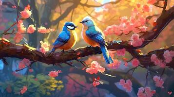 Beautiful two birds on a branch of a flowering tree in the forest. photo