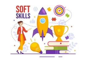 Soft Skills Vector Illustration of Office Workers Empathy, Communication, Idea Development, Skill and Education at Work in Flat Background Template