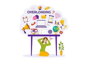 Overloading Vector Illustration with Busy work and Multitasking Employee to Finish Many Documents or Digital Information in Hand Drawn Templates