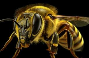 abeja un hermosa y lustroso amarillo abeja en un dinámica retrato actitud generativo ai foto