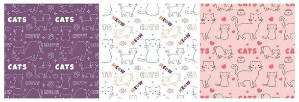 Set of Cats Animals Seamless Pattern Design with Cat Element in Template Hand Drawn Cartoon Flat Illustration vector