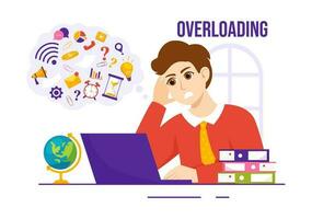 Overloading Vector Illustration with Busy work and Multitasking Employee to Finish Many Documents or Digital Information in Hand Drawn Templates