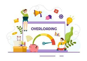 Overloading Vector Illustration with Busy work and Multitasking Employee to Finish Many Documents or Digital Information in Hand Drawn Templates