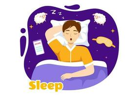 dormir vector ilustración con contento joven persona es rápido dormido y teniendo un dulce sueño en cuidado de la salud mano dibujado antecedentes noche plantillas