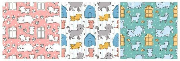 Set of Cats Animals Seamless Pattern Design with Cat Element in Template Hand Drawn Cartoon Flat Illustration vector