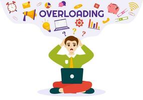 Overloading Vector Illustration with Busy work and Multitasking Employee to Finish Many Documents or Digital Information in Hand Drawn Templates