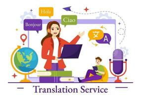 Translator Service Vector Illustration with Language Translation Various Countries and Multilanguage Using Dictionary in Hand Drawn Templates