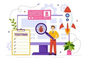 software pruebas vector ilustración con solicitud ingeniería, depuración desarrollo proceso, programación y codificación en mano dibujado plantillas