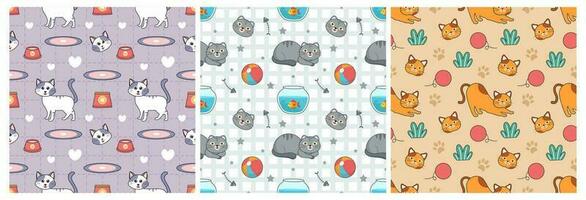 Set of Cats Animals Seamless Pattern Design with Cat Element in Template Hand Drawn Cartoon Flat Illustration vector