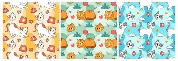 Set of Cats Animals Seamless Pattern Design with Cat Element in Template Hand Drawn Cartoon Flat Illustration vector