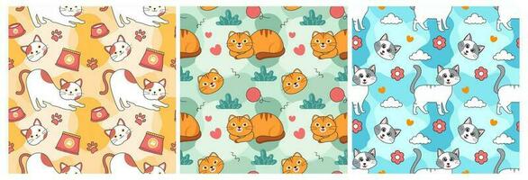 Set of Cats Animals Seamless Pattern Design with Cat Element in Template Hand Drawn Cartoon Flat Illustration vector