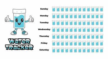 Daily water tracker balance vector calendar. Habit tracker concept and for effective planning. Drinking enough water, hydration challenge. Cute character in retro groovy style. photo