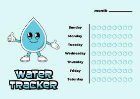 Daily water tracker balance vector calendar. Habit tracker concept and for effective planning. Drinking enough water, hydration challenge. Cute character in retro groovy style. photo