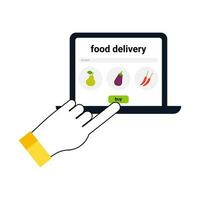 Online shopping, Food delivery. Icons to express, delivery Home. Hand with laptop photo