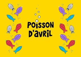 French April Fool's Day. Poisson d'avril. Cartoon poster on colorful backdrop. photo