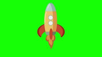 cute rocket spaceship flying through the clouds, green screen background, loop animation video