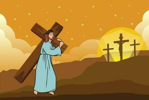 illustration of jesus carrying the cross into a moment of good friday vector