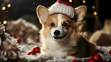 Cute corgi dog in a new year's red hat, holiday card for the new year.Generated by artificial intelligence photo