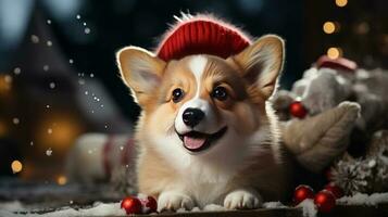 Cute corgi dog in a new year's red hat and snow, holiday card for the new year. Generated by artificial intelligence photo