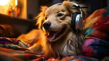 Cute dog listens to music with headphones. Generated by artificial intelligence photo