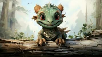 Cute green dragon on the background of nature, dragon hand-drawn, dragon with a smile. Generated by artificial intelligence photo