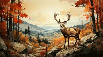 Autumn landscape with bright trees and a deer with branching horns. Hand-drawn. Landscape in the mountains. Generated by artificial intelligence photo