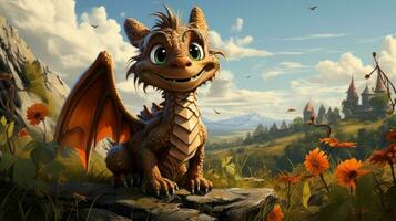 Cute dragon on the background of nature and castle, dragon hand-drawn, dragon with a smile. Generated by artificial intelligence photo