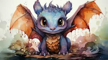 Cute dragon in watercolor style,  dragon smiling, dragon colorful. Generated by artificial intelligence photo