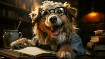 sonriente perro con lentes siguiente a libros, inteligente perro. generado por artificial inteligencia foto