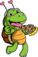 The cute turtle is eating a slice of pizza vector