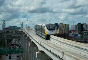 Bangkok, Thailand- July2, 2023-MRT yellow line train during test running photo