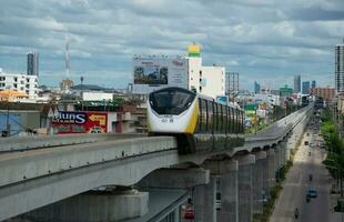 Bangkok, Thailand- July2, 2023-MRT yellow line train during test running photo