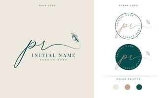 initial letter pr feminine signature logo design and palm leaf vector