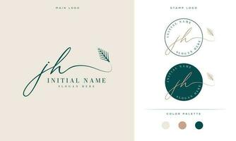 initial letter jh feminine signature logo design and palm leaf vector