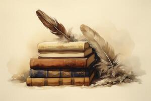 Watercolour illustration of books with a feather on top. Generative ai photo