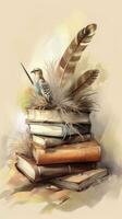 Watercolour illustration of books with a feather on top. Generative ai photo