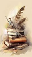 Watercolour illustration of books with a feather on top. photo