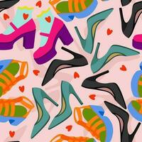 Vector seamless pattern with colorful woman's shoes on light pink background