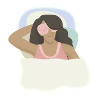 Young woman in sleeping mask lying in bed and sleeping with smile vector