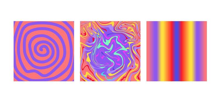 Bright psychedelic vector backgrounds. Colorful luquid curled shapes on gradient backdrop