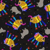 Vector colorful childish seamless pattern with fantastic animals isolated on dark background.