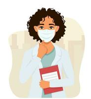 Female doctor in a medical mask. Against the background of an abstract city. Indicates a mask. Illustration in flat style vector