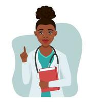 Black doctors character woman with stethoscope. vector
